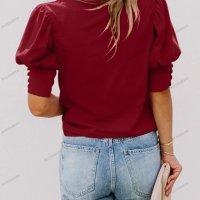 Едноцветна дамска блуза с буф ръкав, 6цвята - 023, снимка 4 - Блузи с дълъг ръкав и пуловери - 42126955