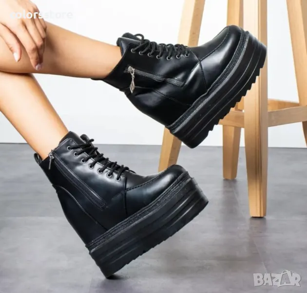 Боти на платформа - черна кожа - BML88, снимка 1