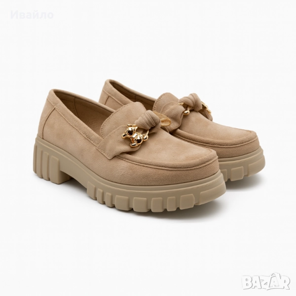 Дамски бежови мокасини от еко велур с декоративна панделка и масивна подметка, снимка 1
