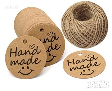 50 бр кръгли Hand made усмивка Тагове табелки етикети картонени за подаръци ръчна изработка украса, снимка 1