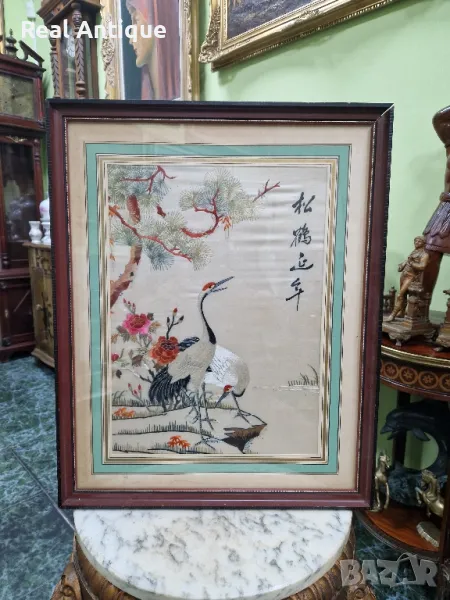 Уникална антикварна колекционерска китайска картина бродерия върху коприна , снимка 1