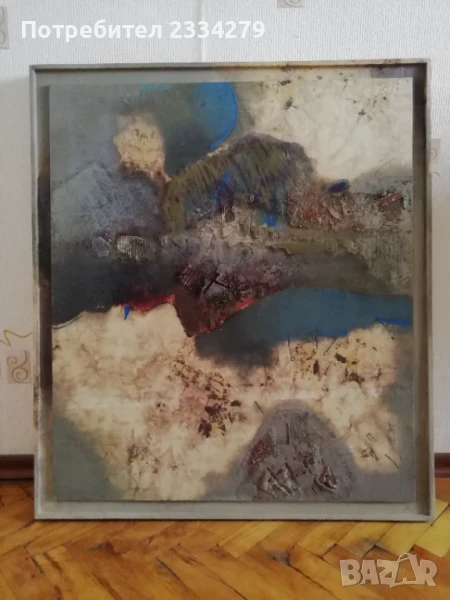 Стара рисувана картина-пано ,,ПРИРОДА", батик-енкаустика и поставена на дървен плот. , снимка 1