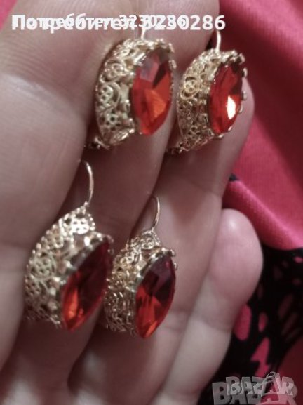 НОВИ Руски позлатени обеци с червени циркони, снимка 1