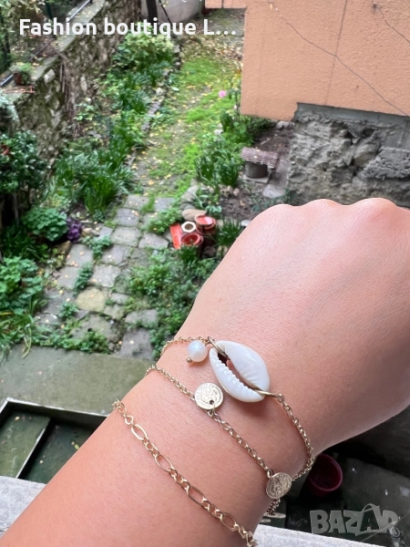 Комплект от 3 броя златисти гривнички за крак или ръка с перла , мида и парички ❤️, снимка 1