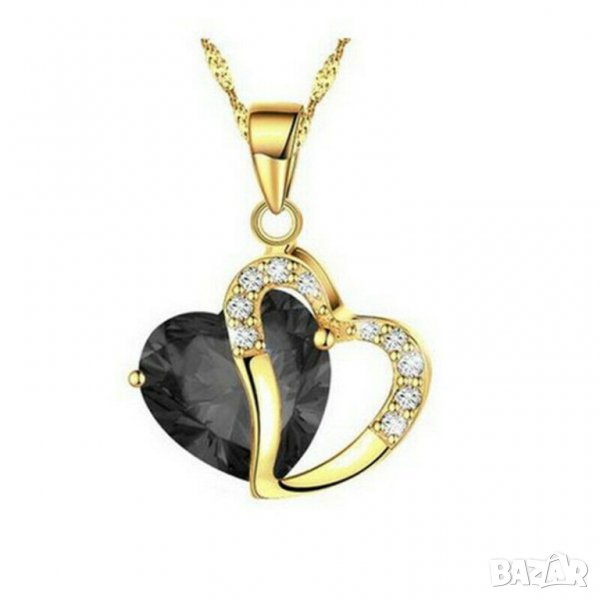 Колие с черен циркон, сърце, висулка с верижка, позлатено, снимка 1
