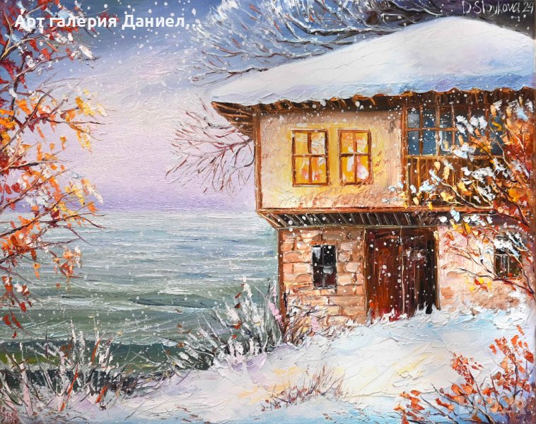 Възрожденски къщи | Зимен пейзаж с море, снимка 1