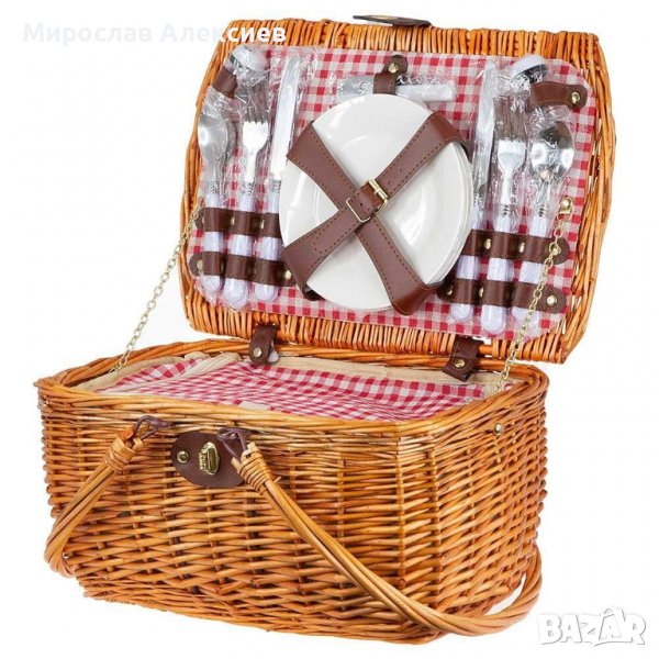 Кошница за пикник за четирима - включва прибори, чашки, чинийки и солнички, снимка 1