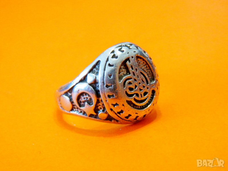 Уникално стар красив мъжки сребърен пръстен с тугра, тура полумесецът и звездата, турски сребро, снимка 1