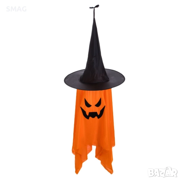 Висяща декорация за Хелоуин / Halloween – дух с тиква и LED, топла бяла, Ø38x100 см_1244357, снимка 1