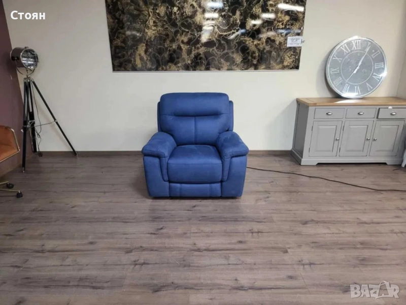 Син фотьойл от плат с електрически релаксиращ механизъм, снимка 1