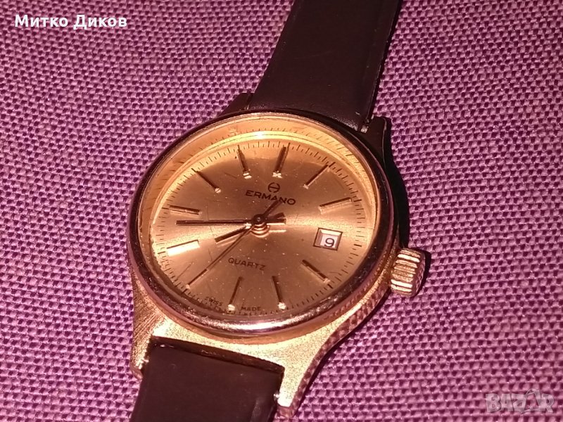 Ermano Swiss made Quartz-швейцарски часовник с датник 10микрона златно покритие кутия, снимка 1