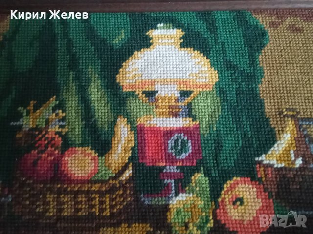 СТАР ГОБЛЕН НАТЮРМОРТ ПРАЗНИЧНА ТРАПЕЗА ГЕРМАНИЯ в ДЪРВЕНА РАМКА 30914, снимка 6 - Гоблени - 37791482