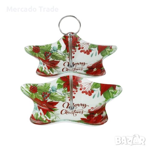 Поднос Mercado Trade, 2 нива, "Весела Коледа", Стъкло
