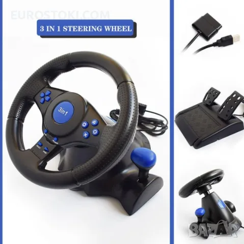 Геймърски волан с педали, въртящ се на 180 градуса, USB, съвместим с PS3/PS2/PC, снимка 4 - Аксесоари - 56228367