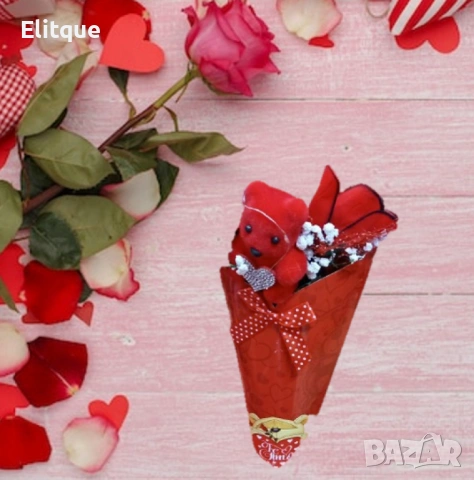 Романтичен букет с мече и червени рози, снимка 3 - Подаръци за жени - 53087058