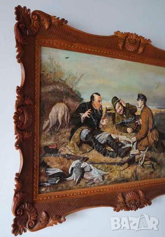 Охотники на привале - Василий Перов, живопис, маслени бои, резбована рамка , снимка 3 - Картини - 19797652