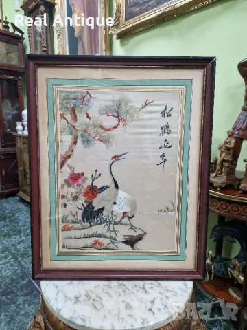 Уникална антикварна колекционерска китайска картина бродерия върху коприна , снимка 1