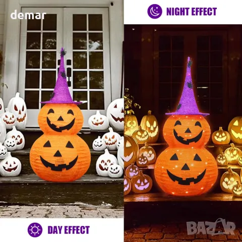 Тиквени светлини за Хелоуин, LED, на батерии, с шапка на вещица, сгъваеми (92 см височина), снимка 3 - Декорация за дома - 47990632
