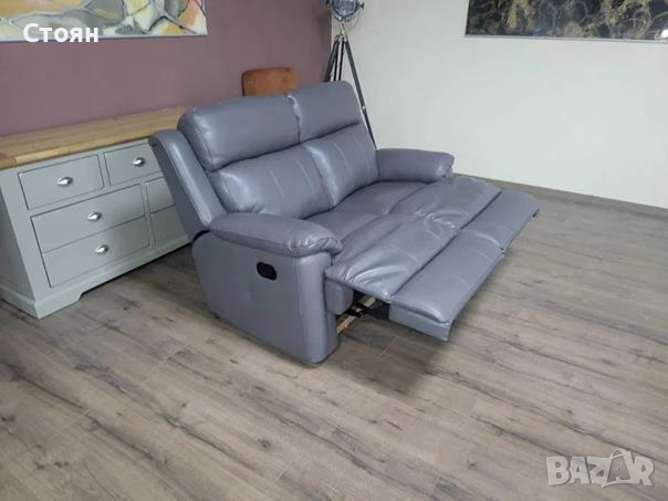 Сиво-лилав кожен диван двойка с ръчен релаксиращ механизъм, снимка 5 - Дивани и мека мебел - 44701782