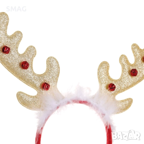 Коледна диадема с еленски рога, пухчета и звънчета 13 см_1255077, снимка 2 - Шноли, диадеми, ленти - 52708531