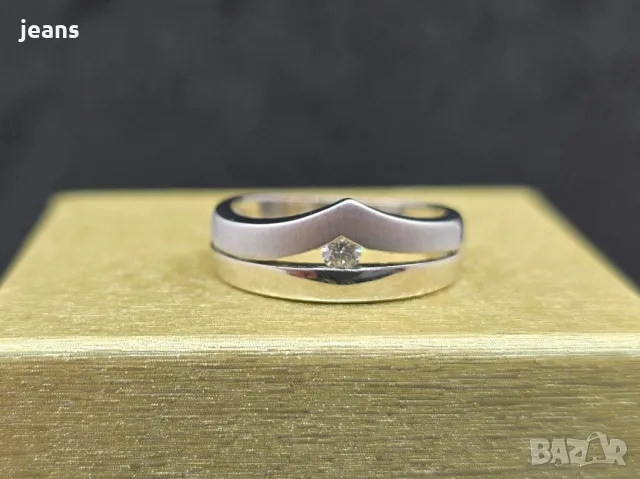 Пръстен бяло злато 750, диамант брилянт 0.10кт. Размер 17мм., снимка 5 - Пръстени - 48755861