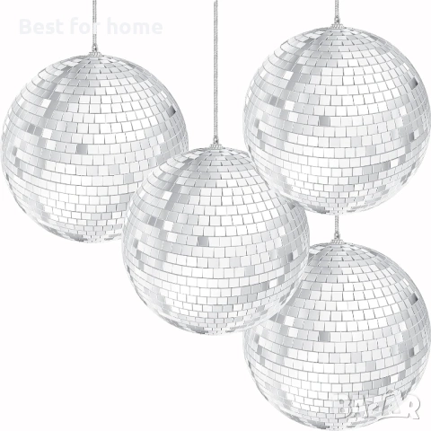 Пакет от 4 огледални диско топки с диаметър 10 см, сребърни висящи топки 