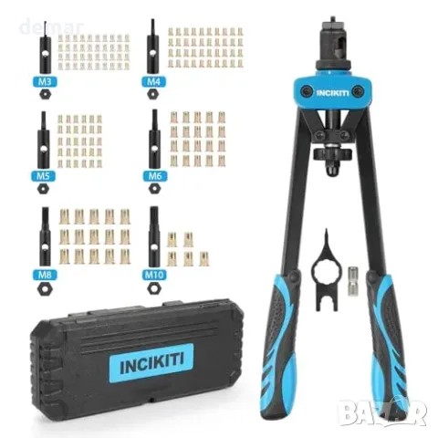 INCIKITI 14-инчов комплект инструмент за нит-гайки със 150 броя и 6 метрични дорника