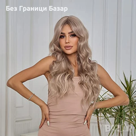 Нова Перука с бретон дълга сива термоустойчива синтетична коса за жени