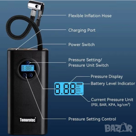 Акумулаторен компресор с цифров дисплей и автоматична функция , снимка 8 - Аксесоари и консумативи - 52352810