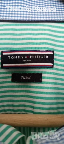 Tommy Hilfiger мъжка риза размер М памук зелено райе , снимка 3 - Ризи - 56227935