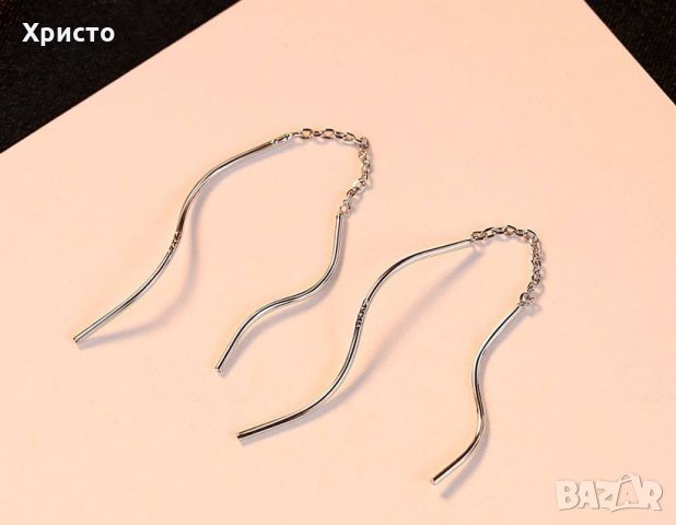 Сребърни обици вълнообразни висулки - S925, снимка 2 - Обеци - 29530495