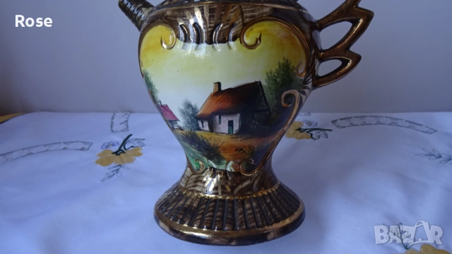 Винтидж керамична ваза, ръчно рисувана от H. Bequet Quaregnon, снимка 4 - Вази - 52650228