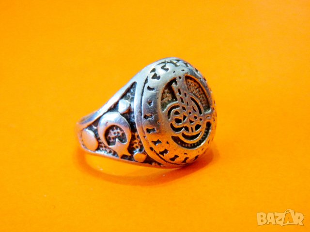 Уникално стар красив мъжки сребърен пръстен с тугра, тура полумесецът и звездата, турски пръстен, 