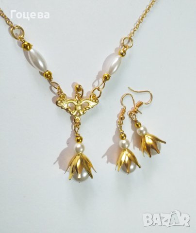 Разкошен комплект бижута обици и колие с кристални перли и красиви орнаменти в цвят злато , снимка 3 - Бижутерийни комплекти - 39040593