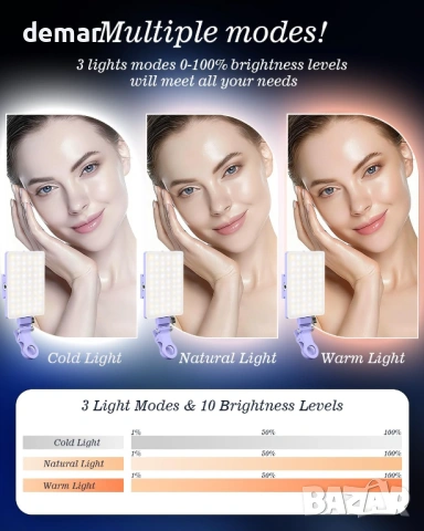 60 LED преносима селфи лампа с щипка и адаптер за статив, 2000mAh CRI 97+, лилава, снимка 3 - Селфи стикове, аксесоари - 54054542