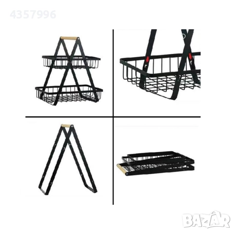 Метален рафт, Универсален, 2 нива, Дървена дръжка, Черен, снимка 5 - Органайзери - 51998341