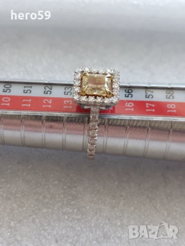 Дизайнерски дамски златен пръстен 14к с 1 карат натурален жълт Брилянт,форма принцес и бели брилянти, снимка 12 - Пръстени - 51317440