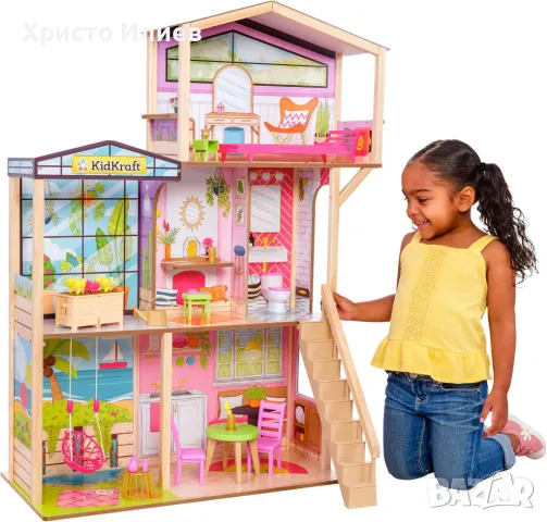 Дървена къща за кукли с аксесоари и мебели 3 етажа 104см