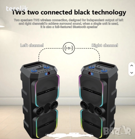 🔊 ABS-12202 – 12”×2 Xbass 200W 6000mah-50лв Професионална караоке тонколона, Bluetooth, 2 микрофонa, снимка 4 - Тонколони - 51831216