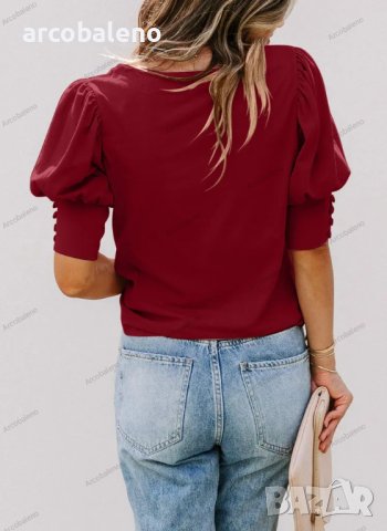 Едноцветна дамска блуза с буф ръкав, 6цвята, снимка 4 - Блузи с дълъг ръкав и пуловери - 42126955