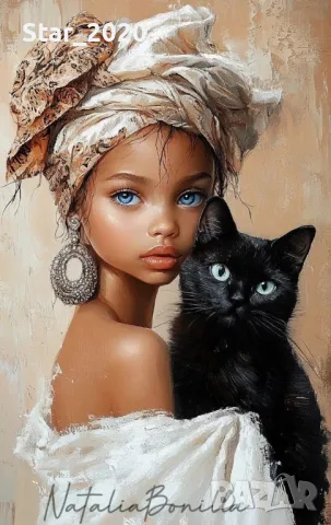 Светеща картина с LED осветление - момиченце и котка 