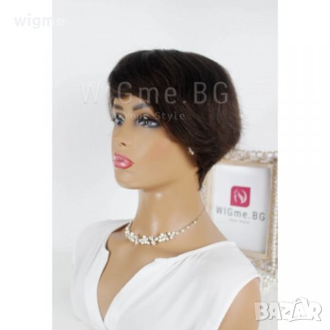 Къса тъмнокестенява перука от естествен косъм с бретон Вики, снимка 2 - Аксесоари за коса - 34515315
