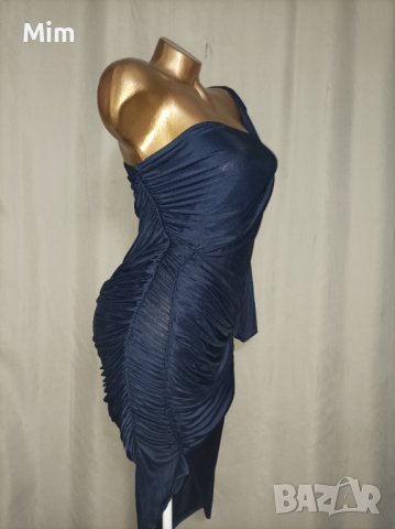М Елегантна Тъмно синя еластична,рокля с един ръкав, снимка 5 - Рокли - 37361319