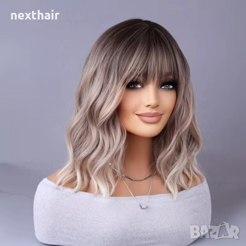 Вълнообразна руса перука с тристепенен омбре ефект и бретон, снимка 5 - Аксесоари за коса - 51820416