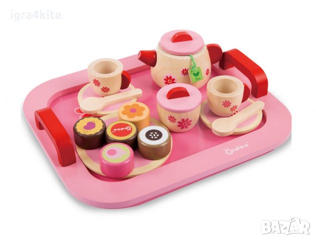 Чаено парти - Дървен детски комплект за симулации с поднос, чай и кексове