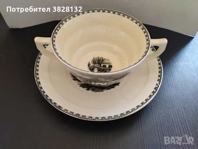 сет за супа - купа с две дръжки и подложна чиния, антикварен, снимка 2 - Антикварни и старинни предмети - 50818463