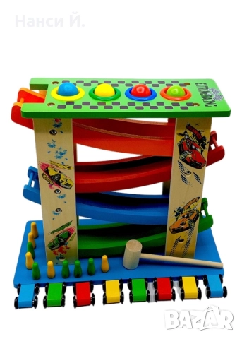 Дървена писта с колички и топки за спускане, снимка 4 - Коли, камиони, мотори, писти - 51972262