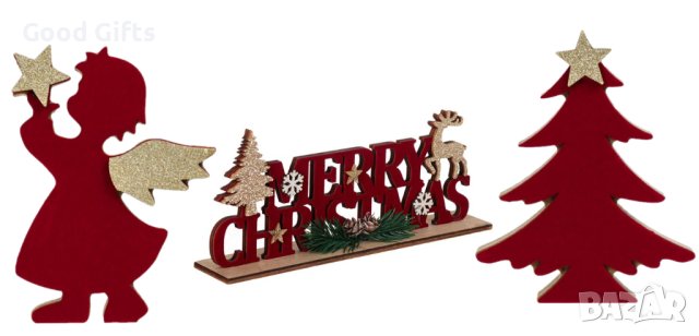 3 броя Дървени коледни фигурки за Коледна украса, Merry Christmas Елха и Ангелче
