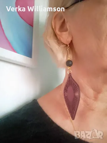  Тъмно червени обици от дърво модел 5, снимка 3 - Обеци - 48331185