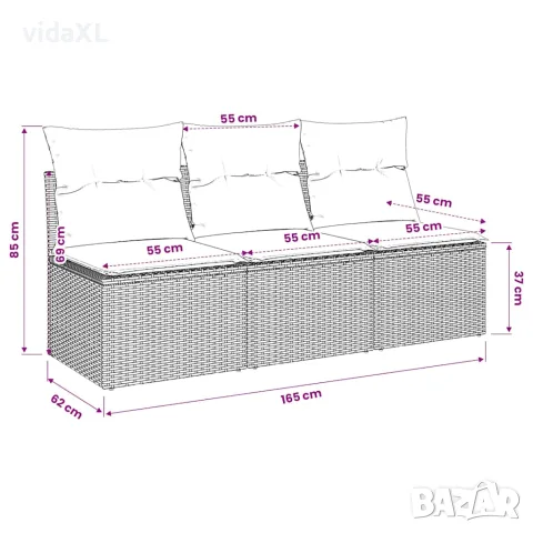 vidaXL Градински диван с възглавници, 3-местен, черен, полиратан, снимка 10 - Градински мебели, декорация  - 56147352
